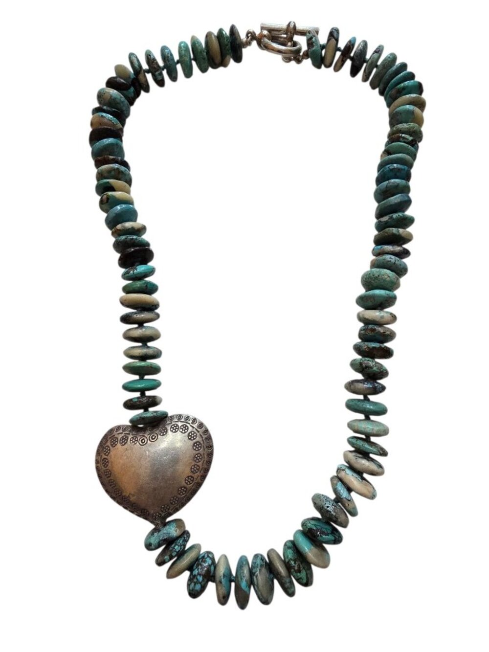 Sterling Hand-Knotted Heishi-Style Turquoise & Heart Necklace w/ Toggle Closure